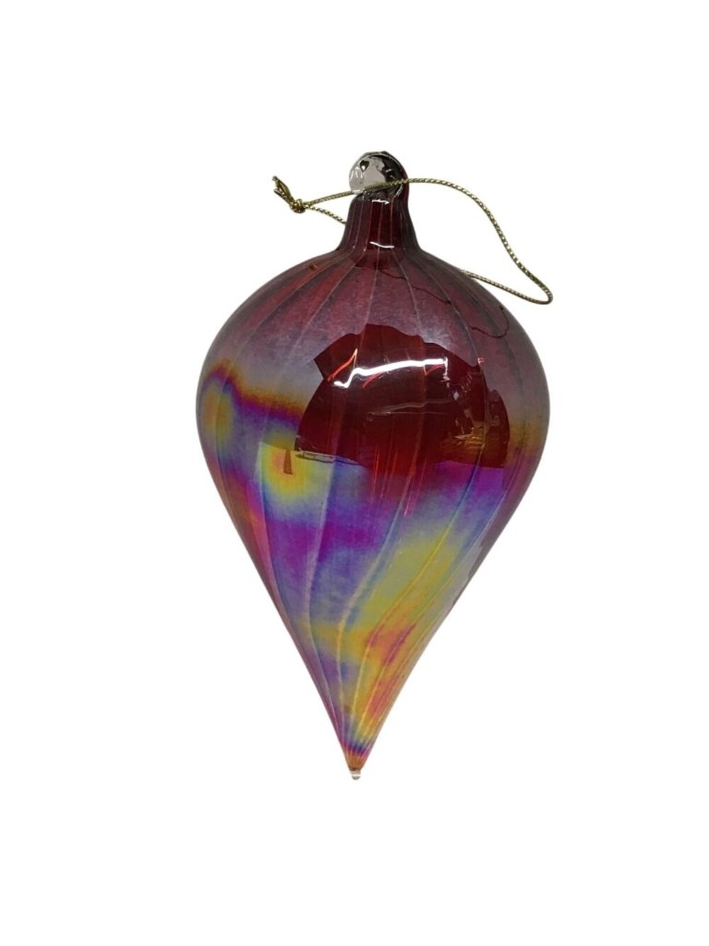 Handblown Glass Swirled Iridescent Cranberry Rainbow Sheen Teardrop Ornament VTG